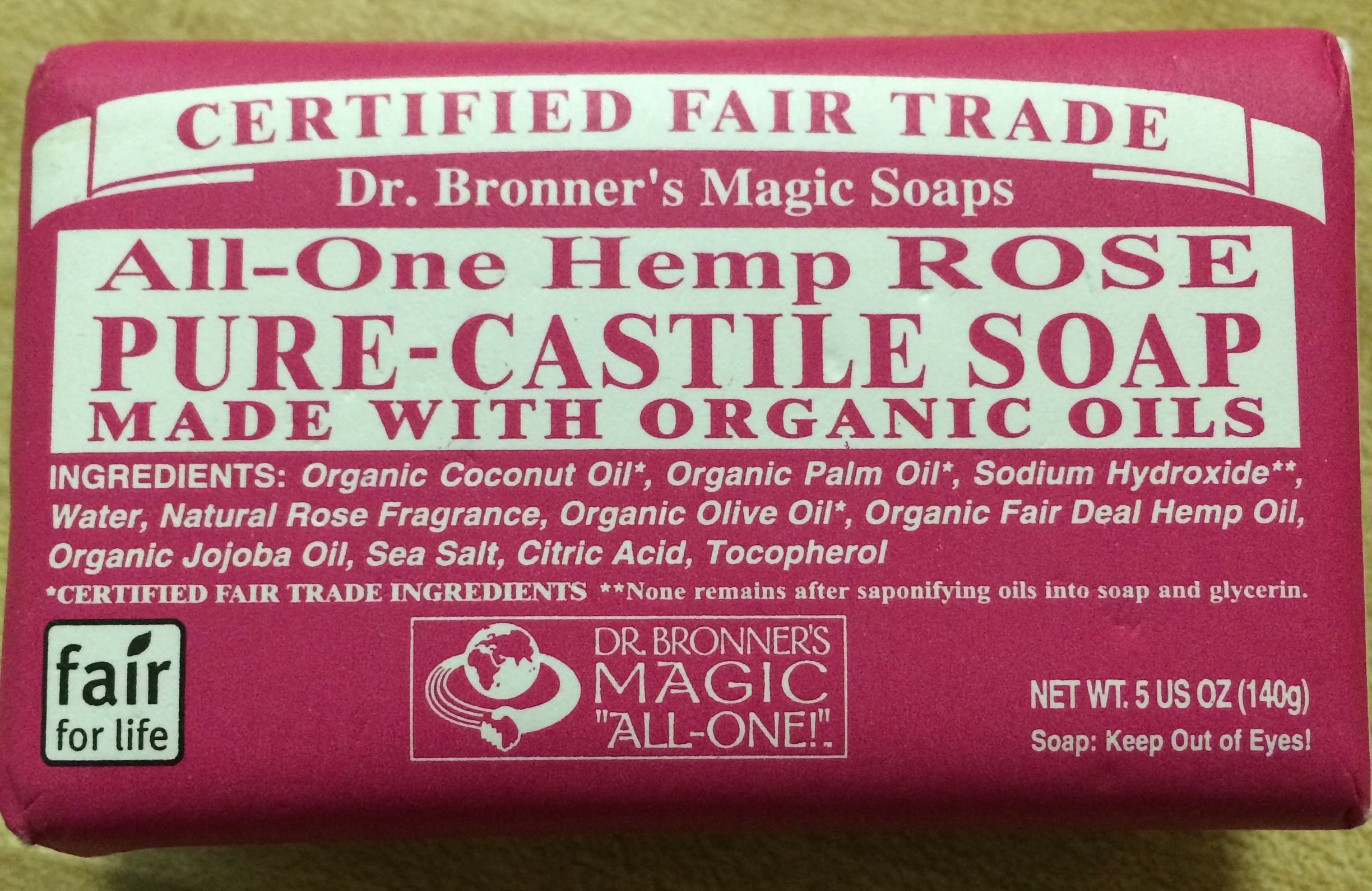 All-One Hemp Rose Pure Castile Soap made with organic oils - Dr. Bronner's Magic Soaps - 5 oz (140g)
