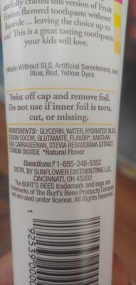 Burt's Bees for kids fluoride-free toothpaste - Ingredientes - en