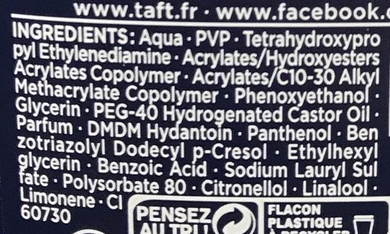 Taft Electro Force Power Gel Fixation surpuissante 72H - Ingredients - fr