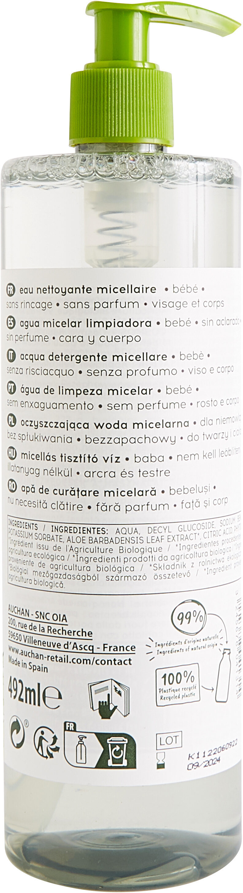 Auchan bio - eau nettoyante micellaire - sans rincage visage et corps - bébé - 492 ml - Product - en