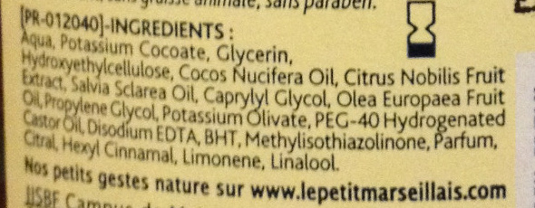Savon liquide action antibactérienne à l'huile essentielle de sauge et extrait de mandarine - Ingredients - fr