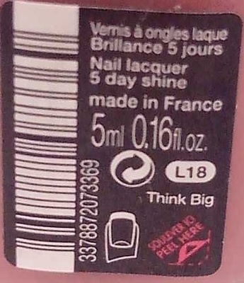 Vernis à ongles laque brillance 5 jours L18 Think Big - Ingredients - fr