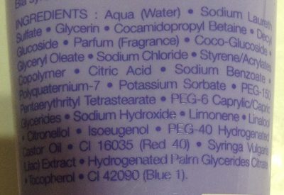Lilas bleu crème de douche - Ingredients