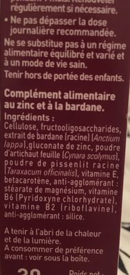 Dermideal Complexe Zinc Bardane - 30 Comprimés - Dietaroma - Ingredients