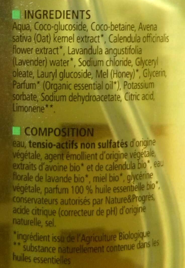 Shampooing usage fréquent Miel - Calendula - Avoine - Ingredientes - fr