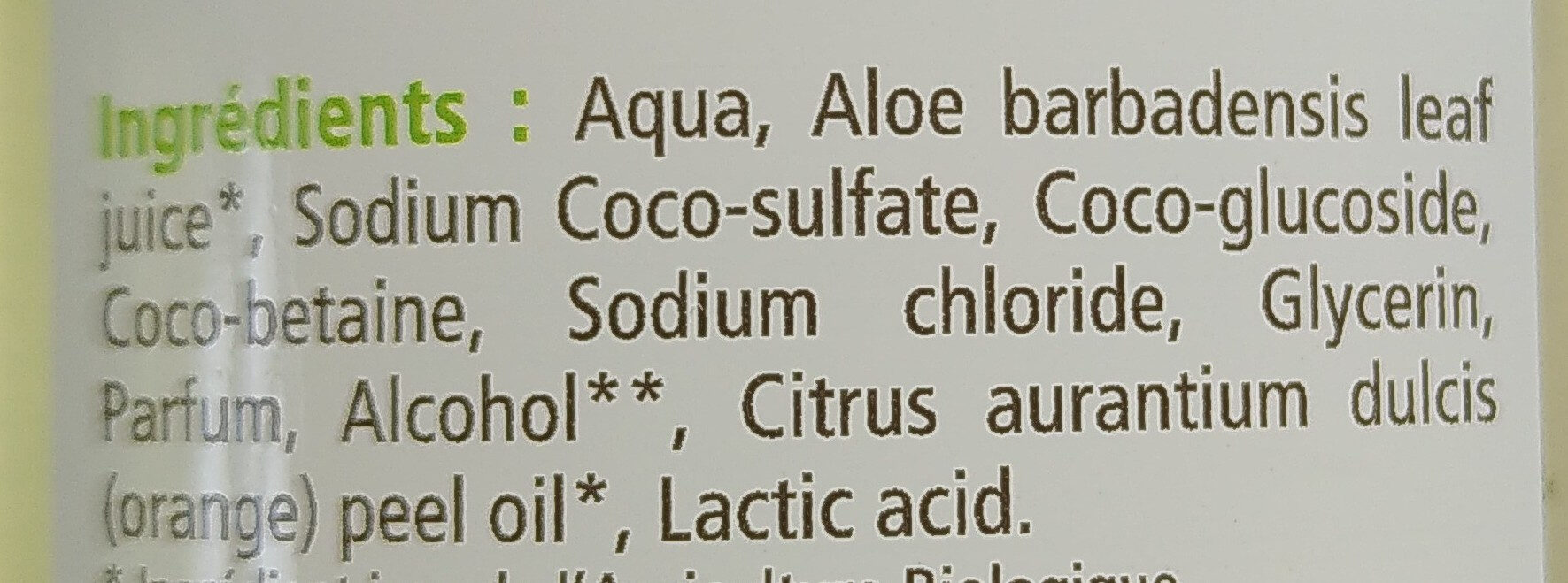 Shampooing gel douche Aloe vera - Ingredients - fr