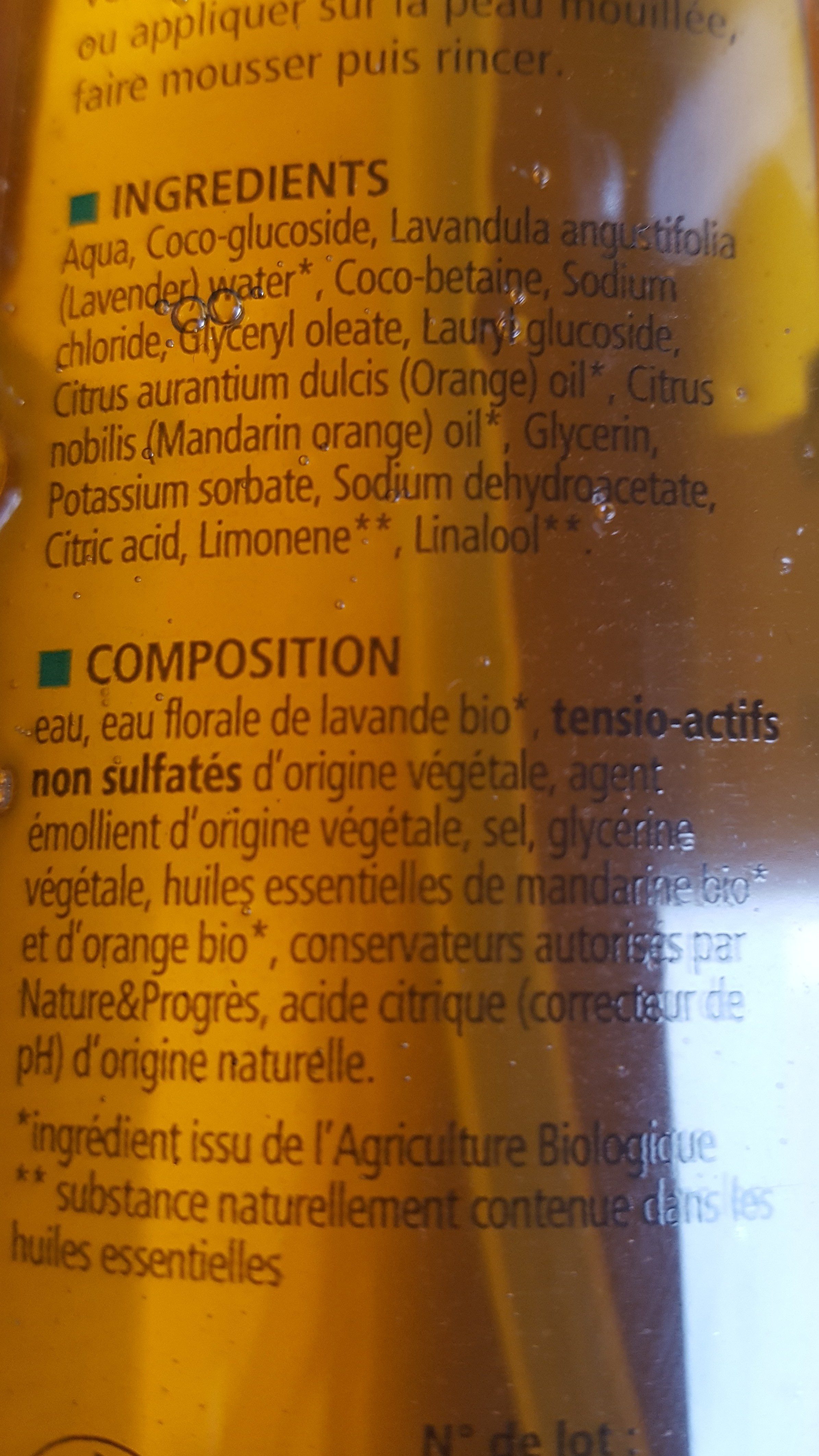 Bain Et Douche Mandarine Orange Bio - 1 L - Cosmo Naturel - Ingredientes - fr