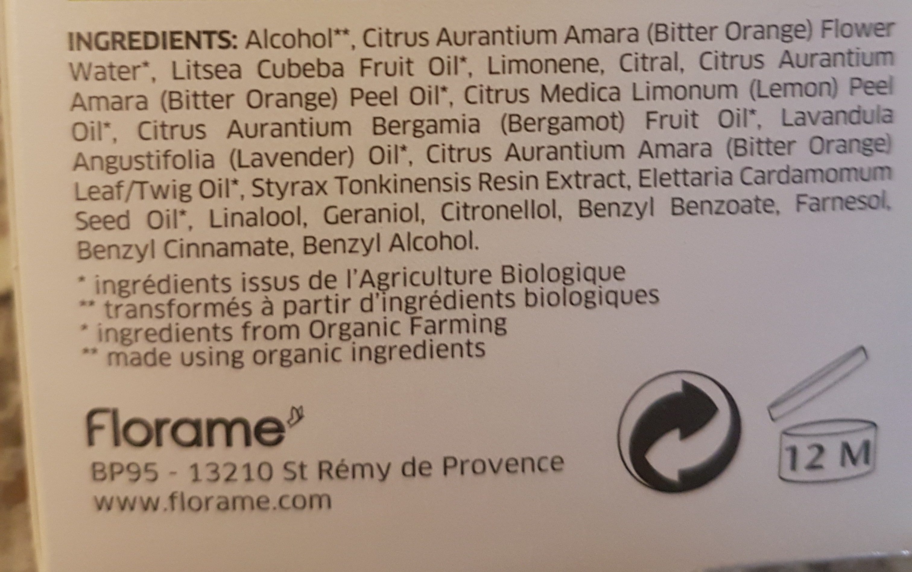 Eau De Toilette Verveine Pétillante Bio - 100 ML - Florame - Ingredients - fr