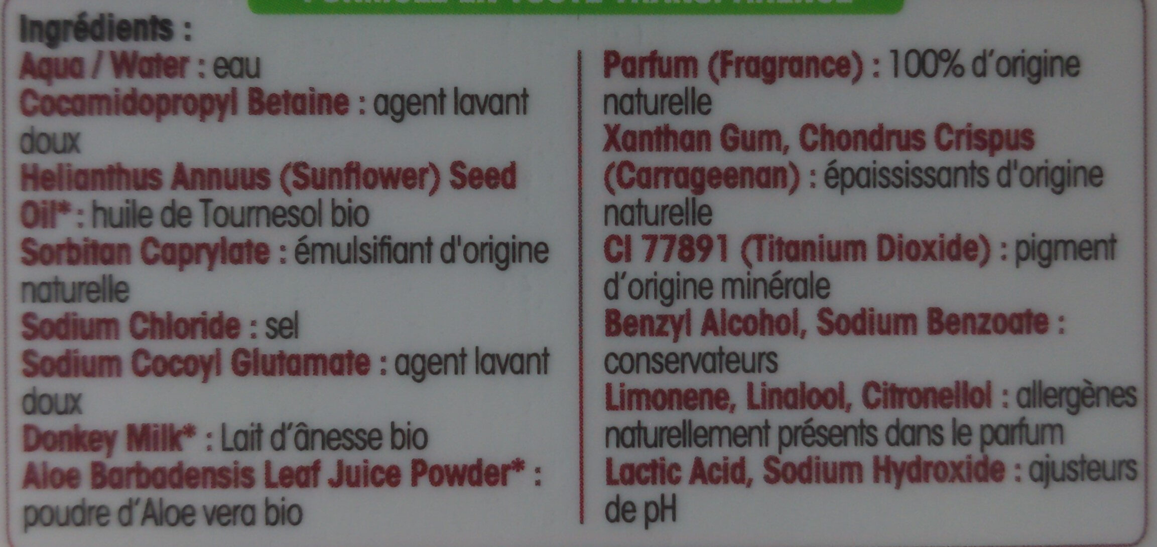Douche crème lait d'ânesse - Ingredients - fr