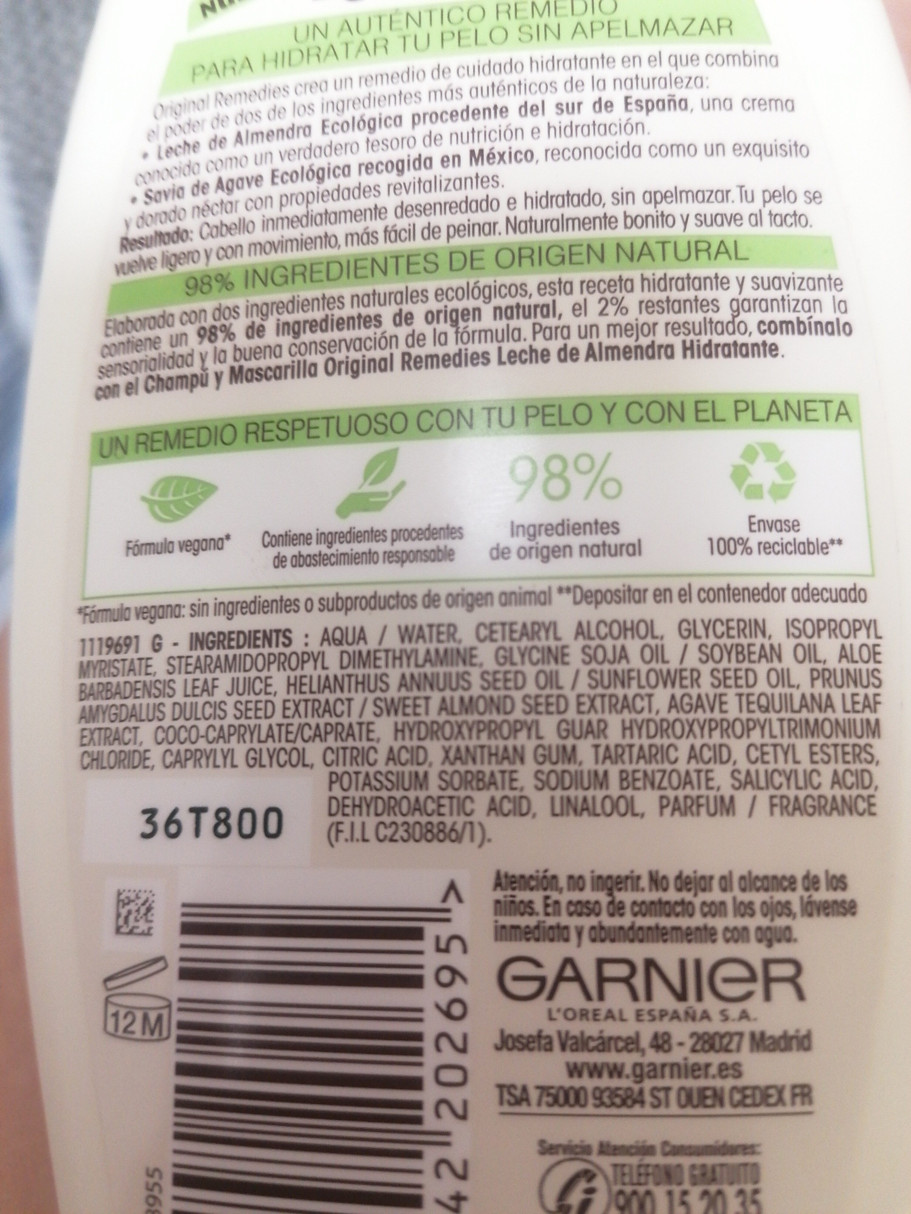 Acondicionador leche de almendra - Inhaltsstoffe - es