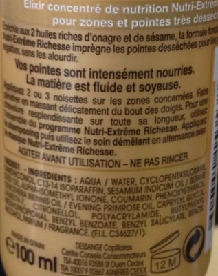 Elixir concentré de nutrition sans rinçage, aux 2 huiles riches d'onagre et de sésame, pointes et zones très desséchées - Ingrédients - fr