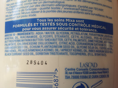 Mixa Intensif Peaux Sèches - Atopiance - Ingredients