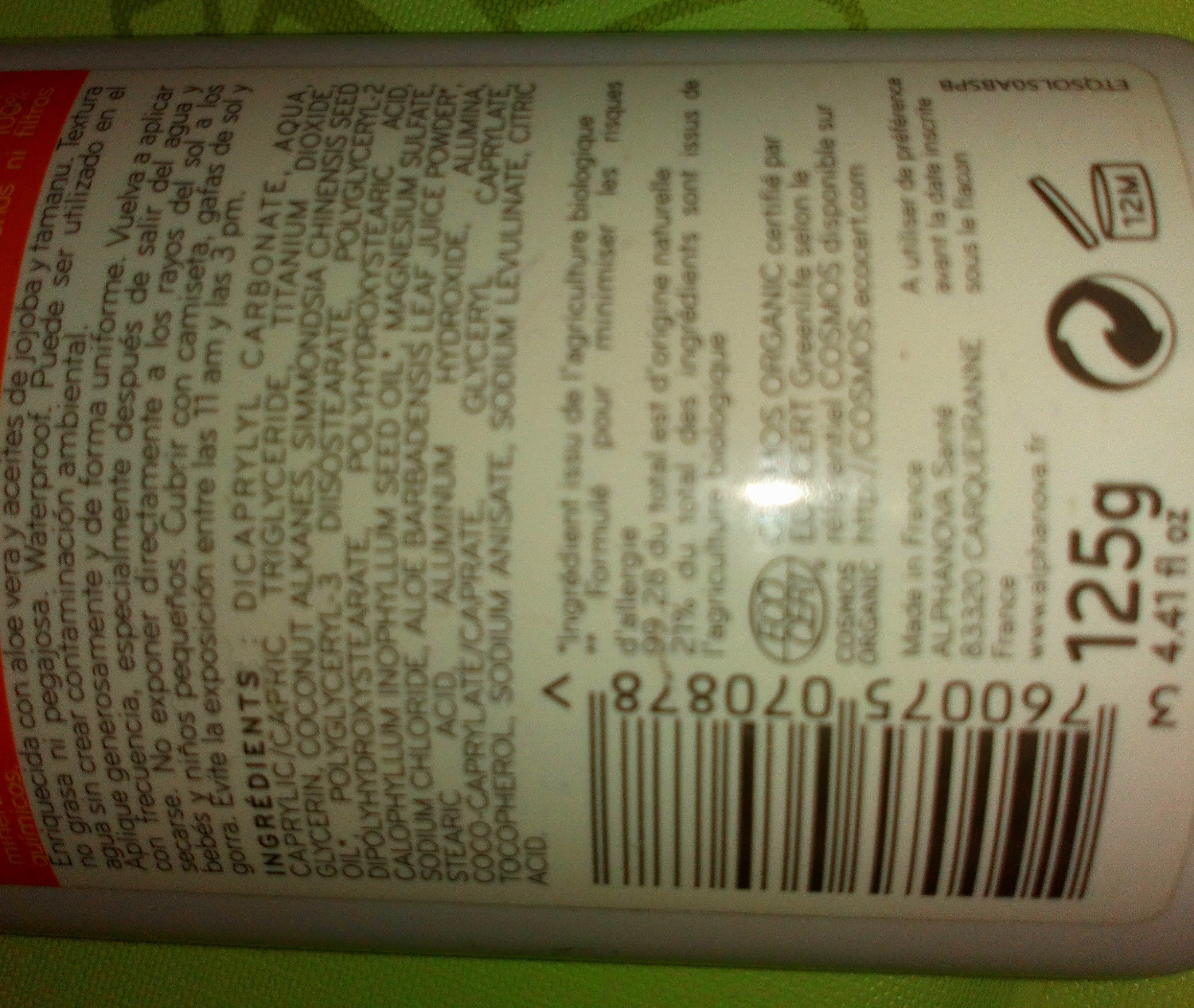 Spray Solaire Bio SPF 50 Bébé + Sans Parfum - 125 GR - Alphanova - Ingredientes - fr