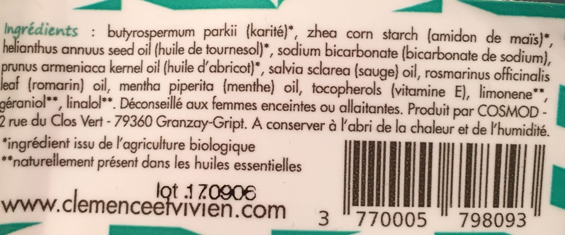 Baume Deodorant H. Essent Menthe Sauge Homme - Ingredients - fr