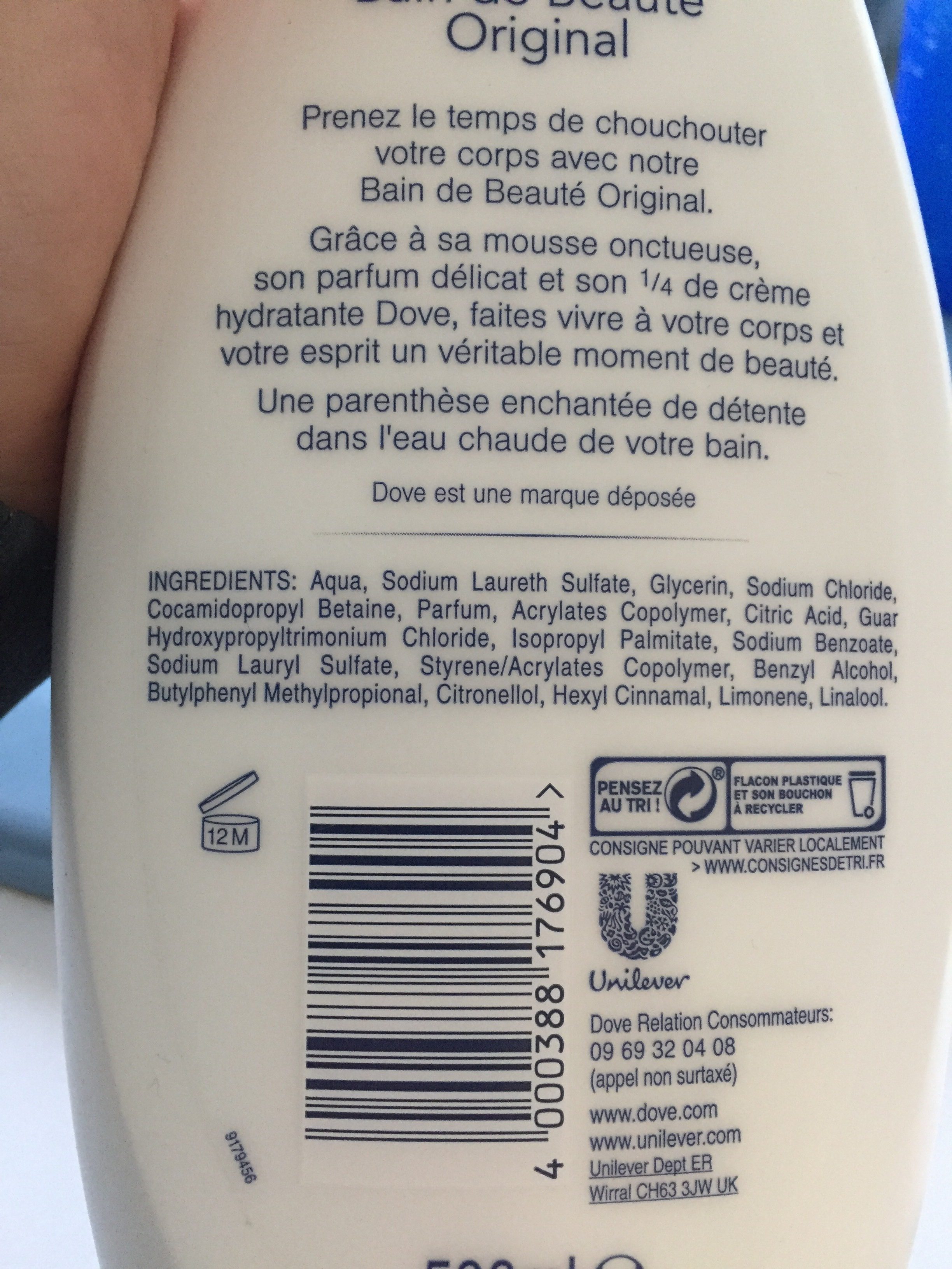 Dove Original Bain Beauté Hydratant 500ml - Ingredients - fr