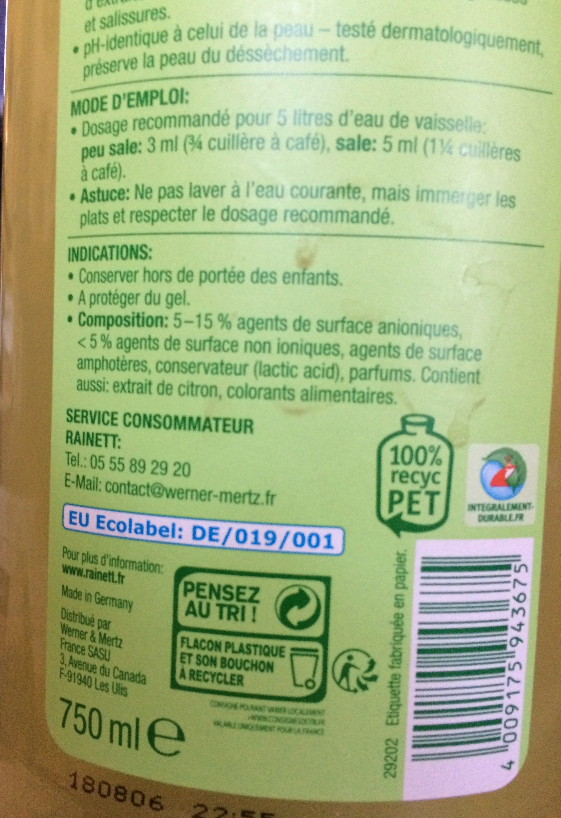 Liquide vaisselle citron vert Rainett 750 ml – Kibo