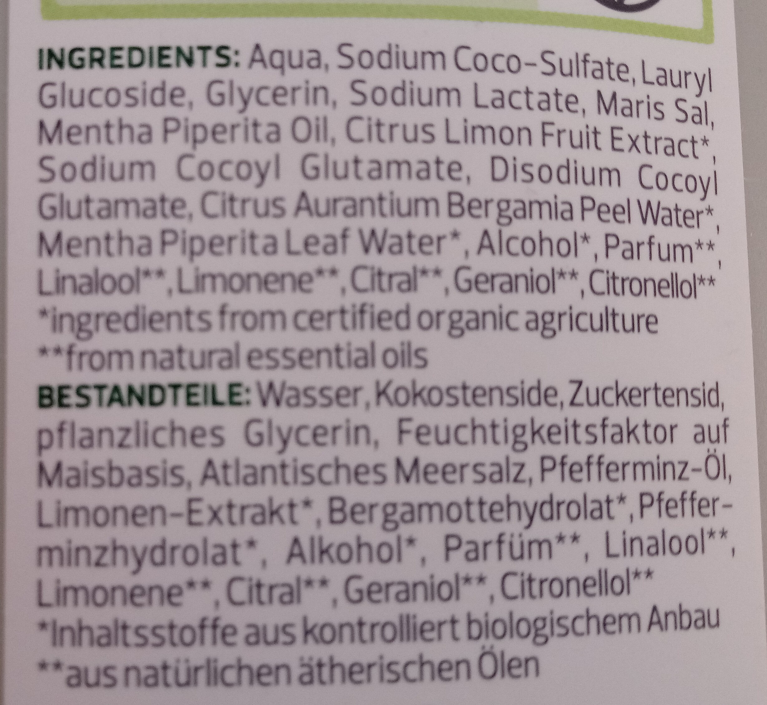 Pflegedusche Bio-Minze Bio-Bergamotte - Ingrédients - de