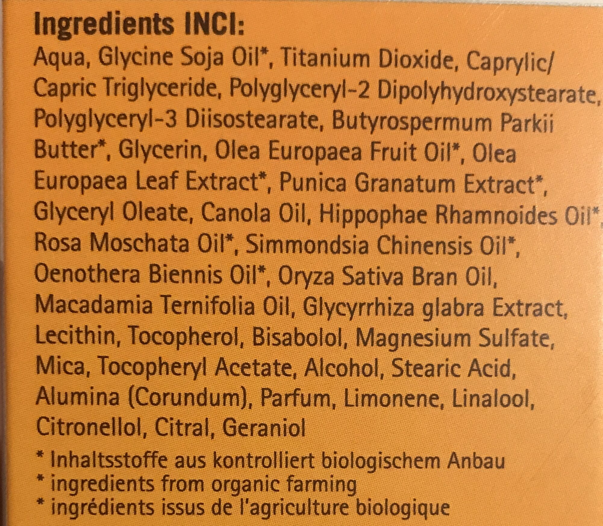 Opalovací krém SPF 15 bio - Ingredients - cs