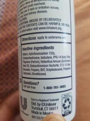 Dove advanced care dry spray antiperspirant deodorant - Ainesosat - en