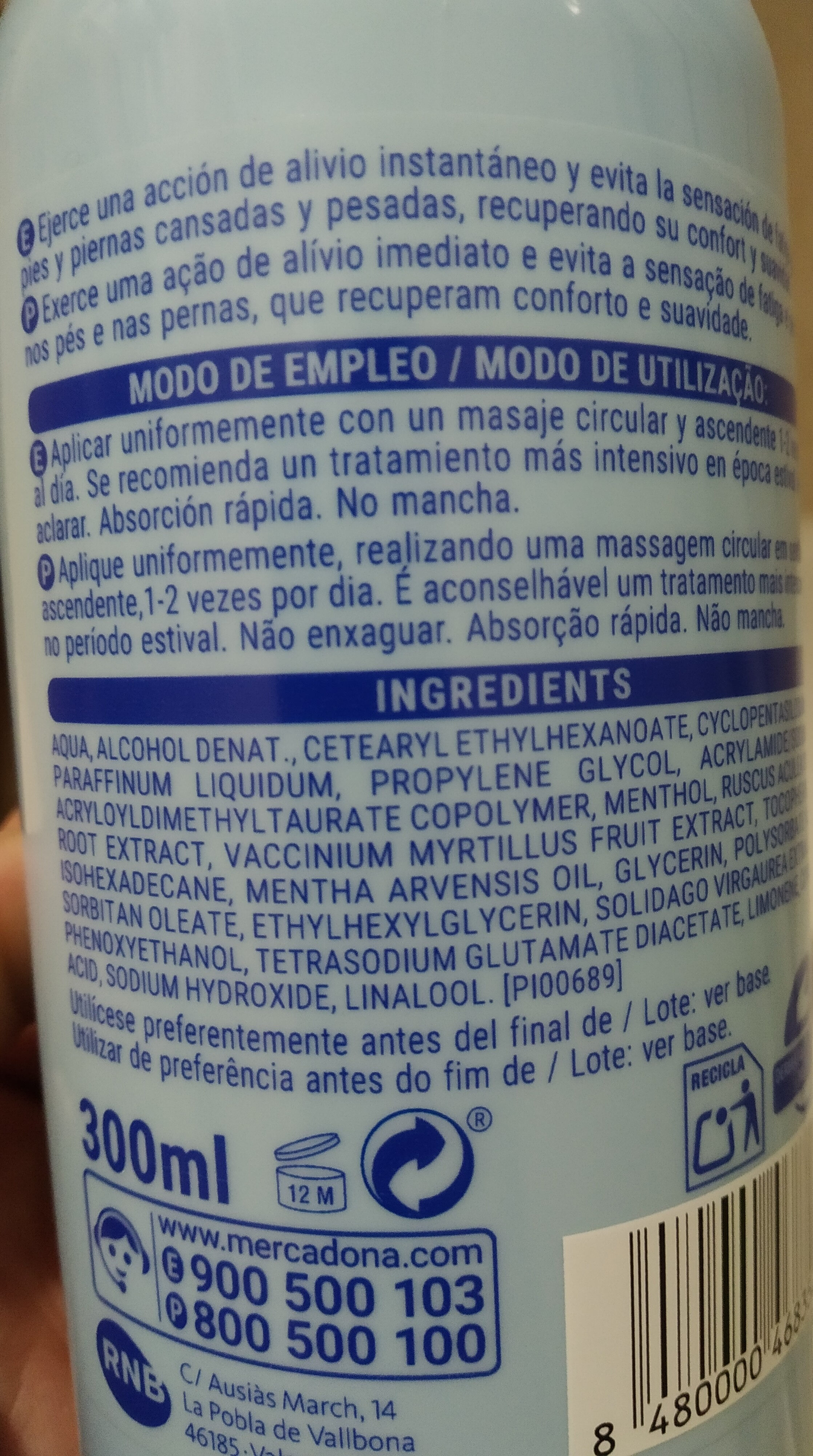 gel refrescante mentol - Ingredients - es