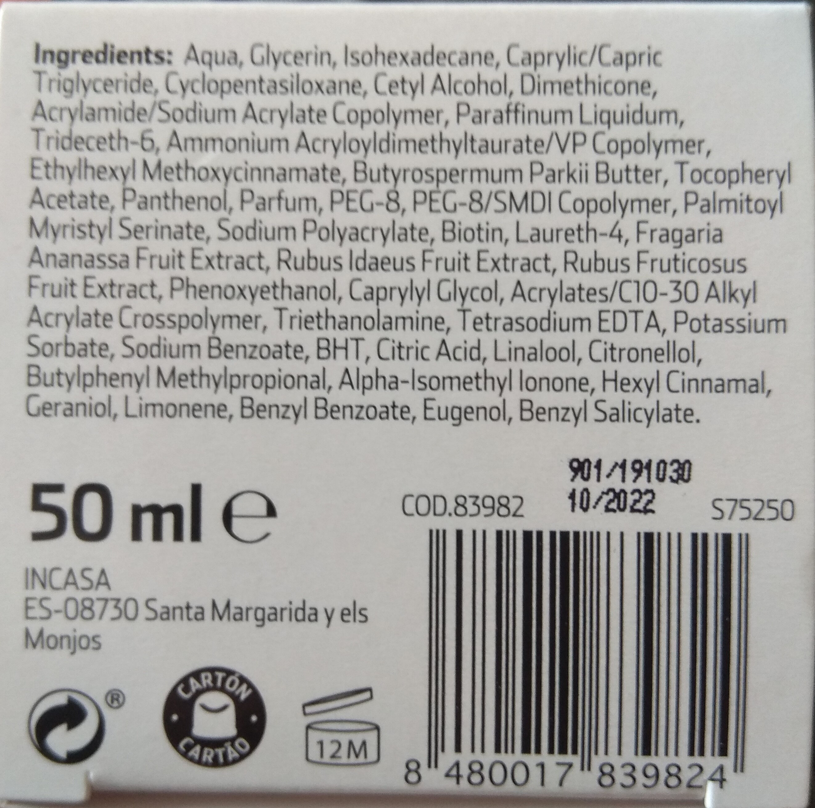 Crema hidratante Pieles secas - Ingredients - es