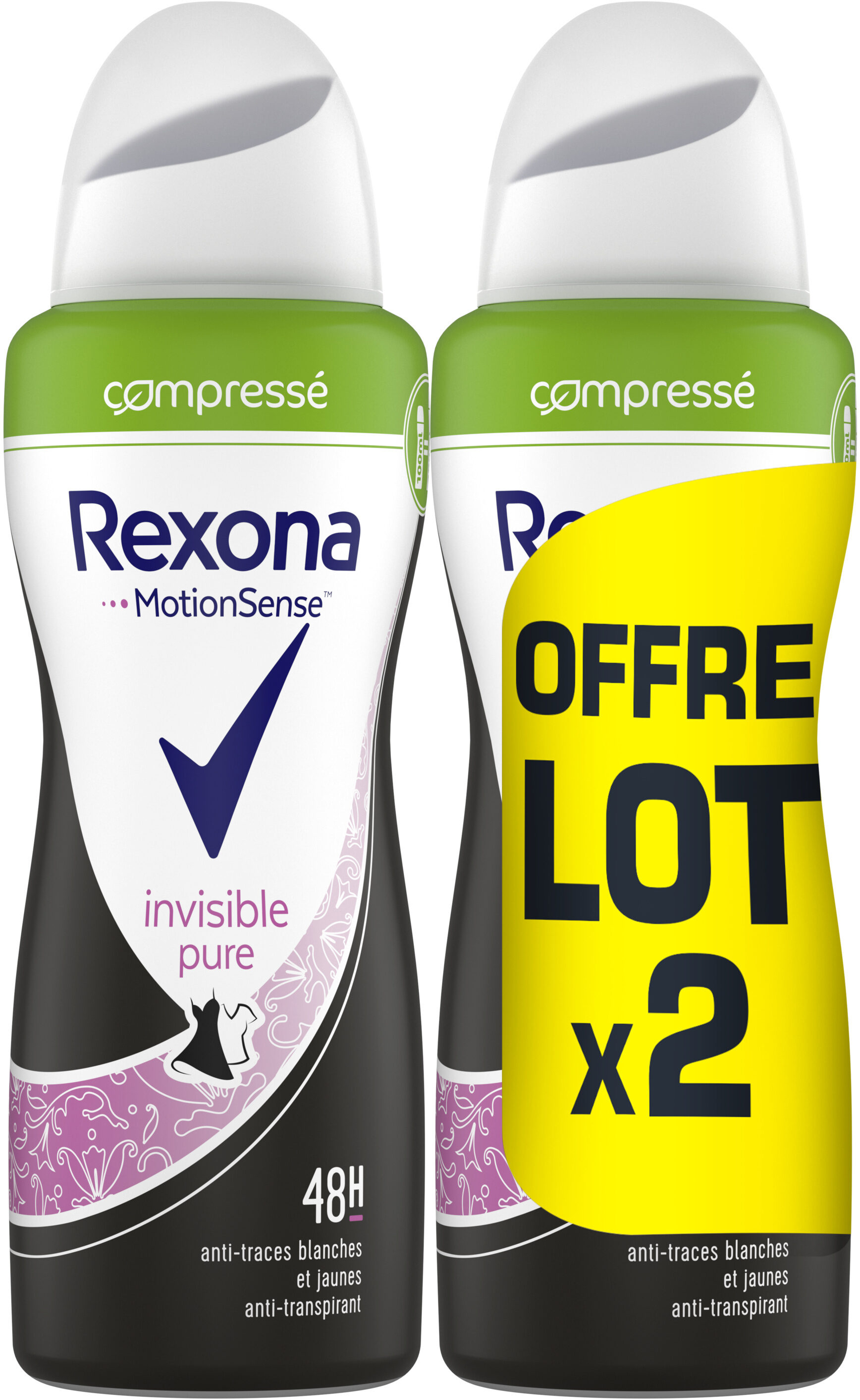Rexona Déodorant Femme Spray Anti-Transpirant Compressé Invisible Pure 2x100ml - Produit - fr