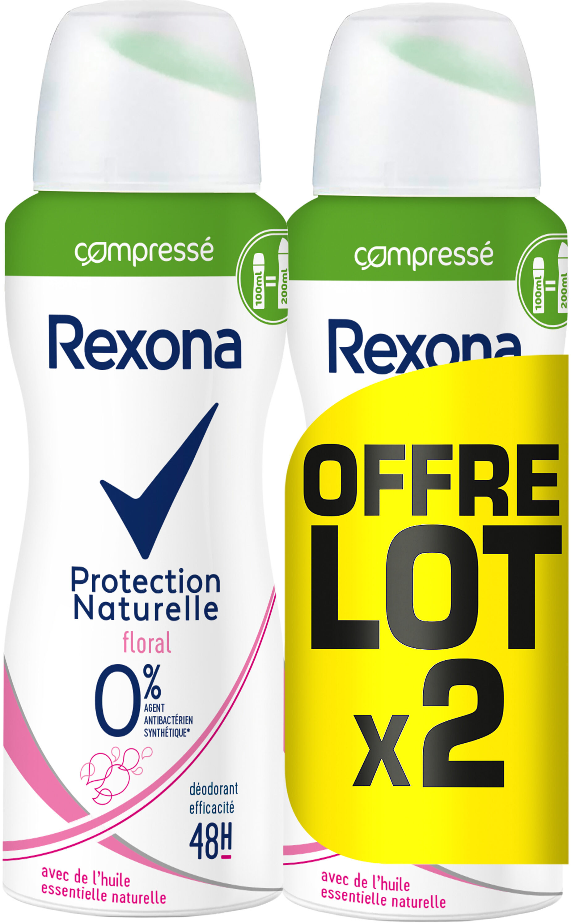REXONA 0% Compressé Déodorant Femme Anti Transpirant Protection Naturelle Senteur Floral Lot 2x100ml - Produit - fr