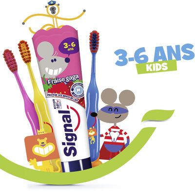 SIGNAL Kit pour Enfants 4 Dentifrices 3-6 ans Fraise Gaga et 3 Brosses à Dents Manuelles Extra Souples 2-6 ans x1 - Product - fr