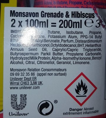 Monsavon Déodorant Femme Spray Pierre d'Alun Grenade Hibiscus 2x100ml - Ingrédients