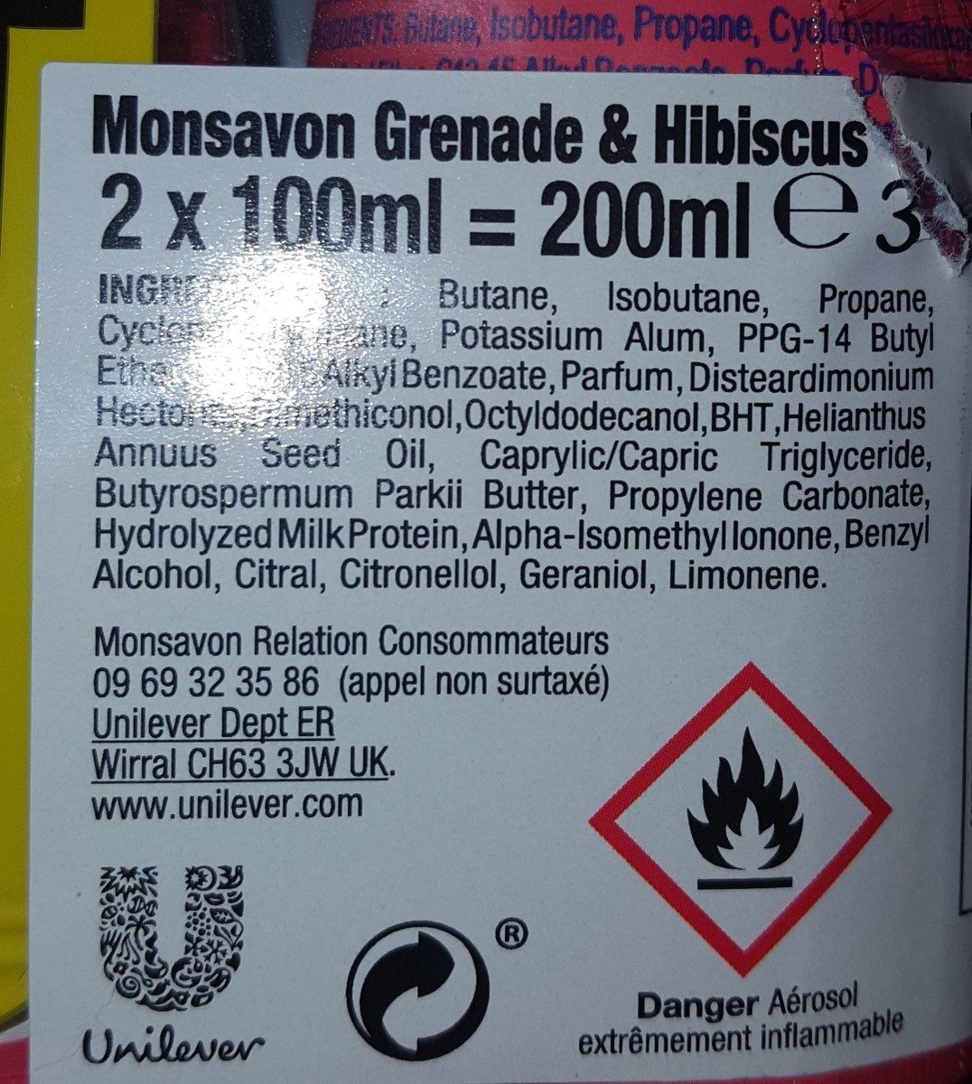 Monsavon Déodorant Femme Spray Pierre d'Alun Grenade Hibiscus 2x100ml - Ingredientes - fr