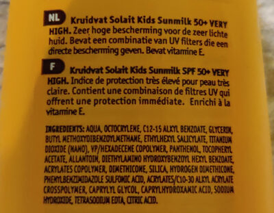 kruidvat Solait kids sunmilk 50+ very high - Ingrédients - nl