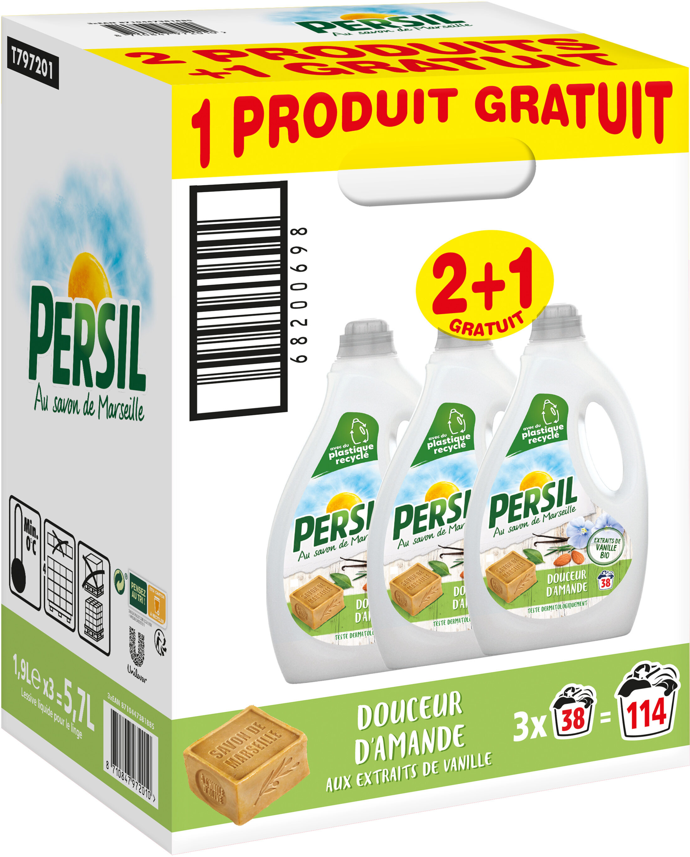 Persil Lessive Liquide Douceur d'Amande aux extraits de Vanille Bio Lot(2+1 Offert)x1.9L - 114 Lavages - Produto - fr