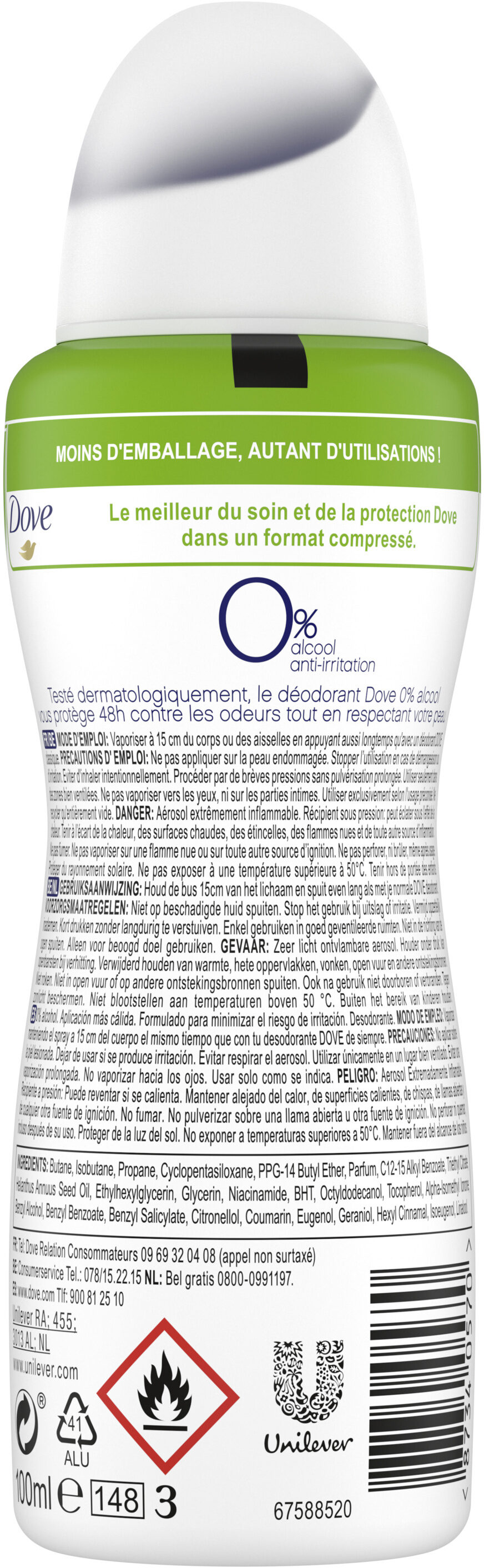 Dove 0% Déodorant Femme Spray Antibactérien Original Fraîcheur 24H 100ml - Ingredientes - fr
