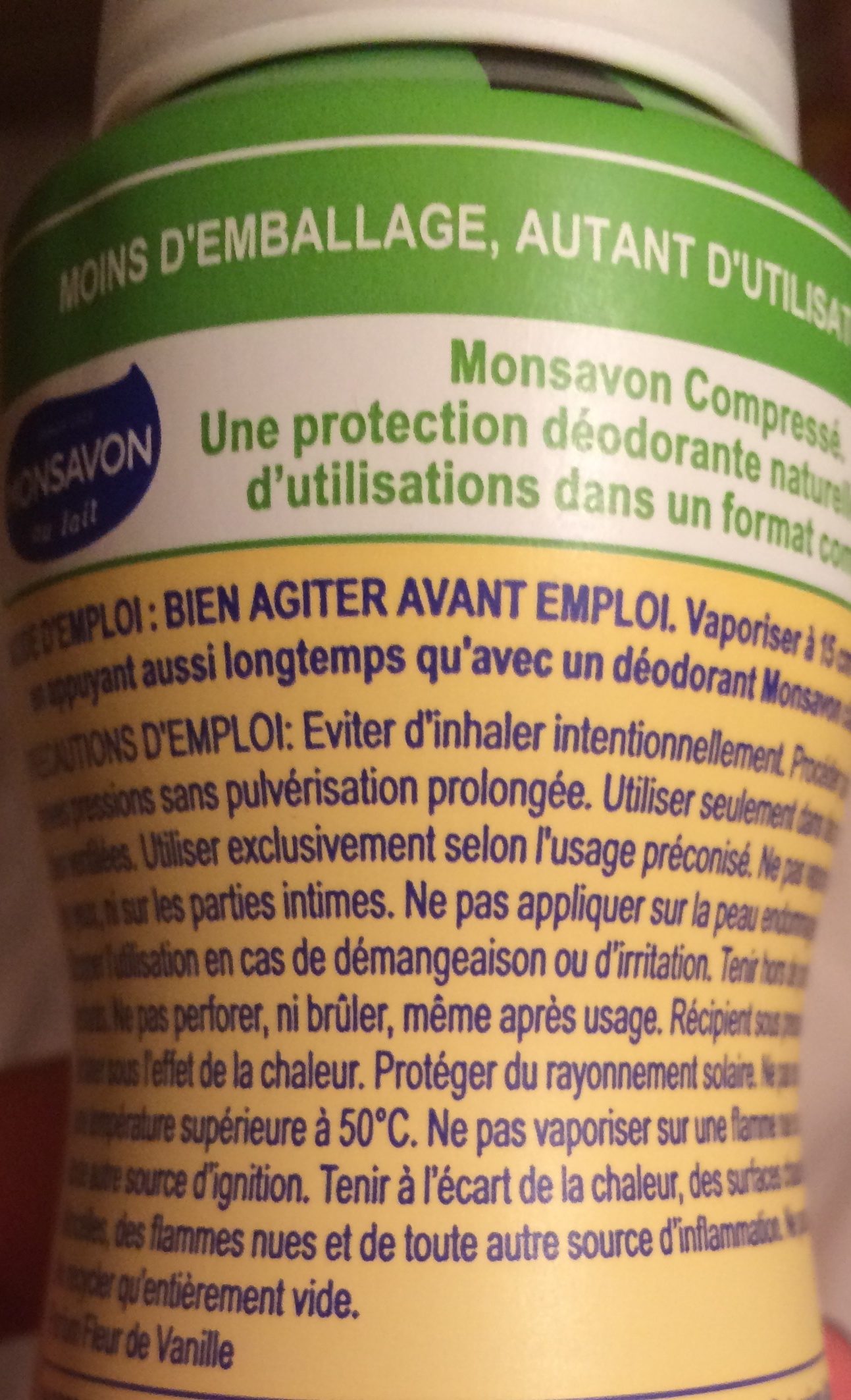 Monsavon Déodorant Femme Spray Compressé Vanille Toute Délicate 100ml - Ingredients - fr